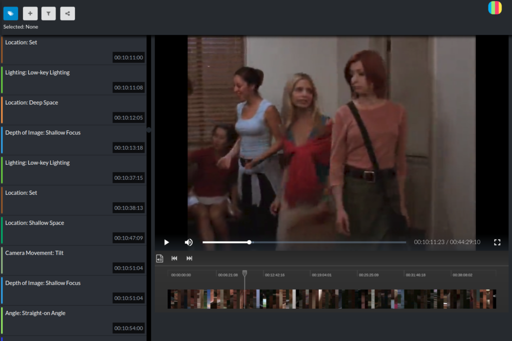 Mediate's annotation interface is made up of an annotation panel, timeline, and video player. The panel includes: thumbnails, marker type, and time code. The annotation panel syncs with the timeline and allows users to scrub through the video. 
