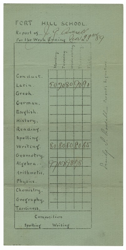 Fort Hill School report card for J.G. Averell, November 23, 1889