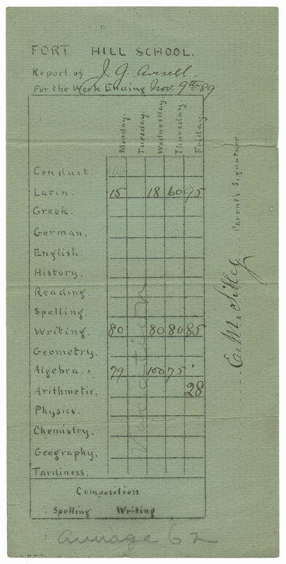 Fort Hill School report card for J.G. Averell, November 9, 1889