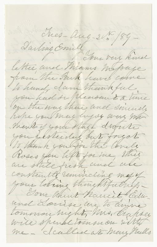 Letter from Elizabeth Maria Tinker Sibley to Emily Sibley Watson, August 20, 1889<br />
