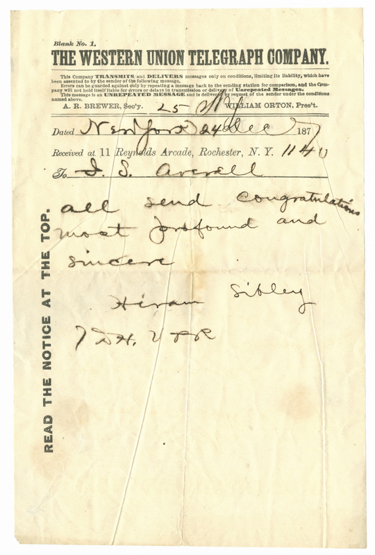 Cable from Hiram Sibley to Isaac Seymour Averell, December 24, 1877<br />

