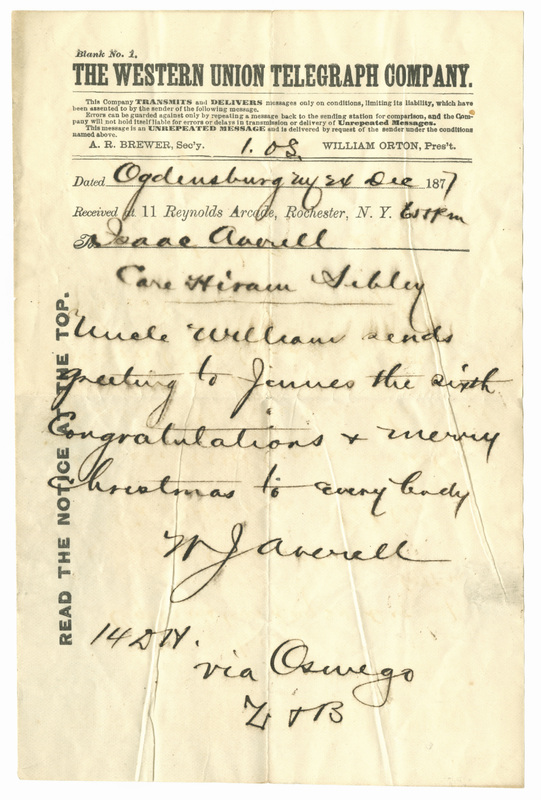 Cable from William John Averell to Isaac Seymour Averell, December 24, 1877