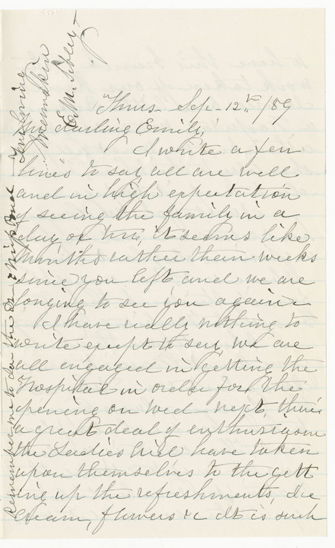 Letter from Emily Maria Tinker Sibley to Emily Sibley Watson, September 12, 1889<br />
