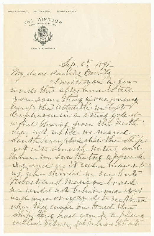 Letter from Elizabeth Maria Tinker Sibley to Emily Sibley<br />
Watson, September 6, 1891