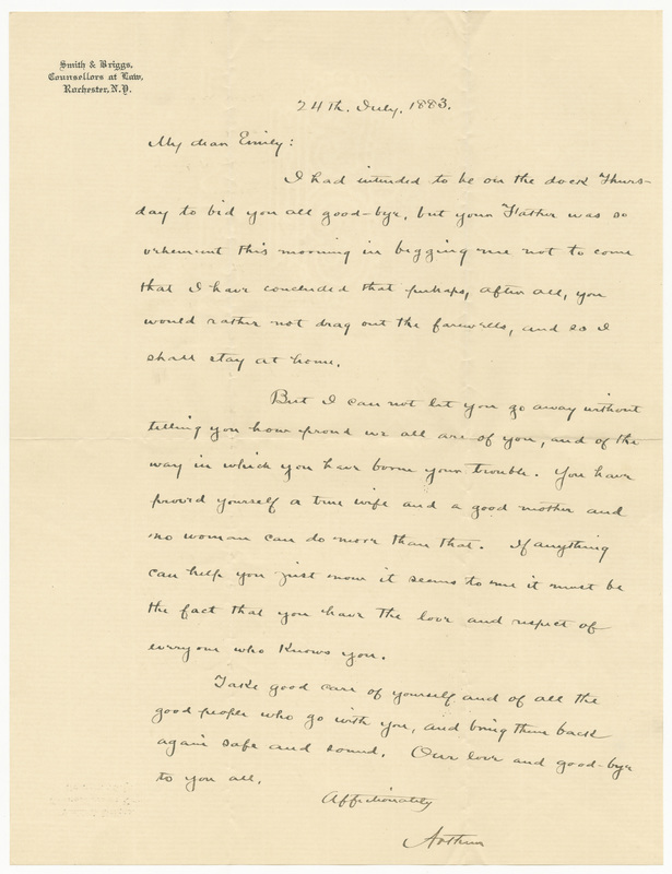 Letter from Arthur Cosslett Smith to Emily Sibley Watson, July 24, 1883