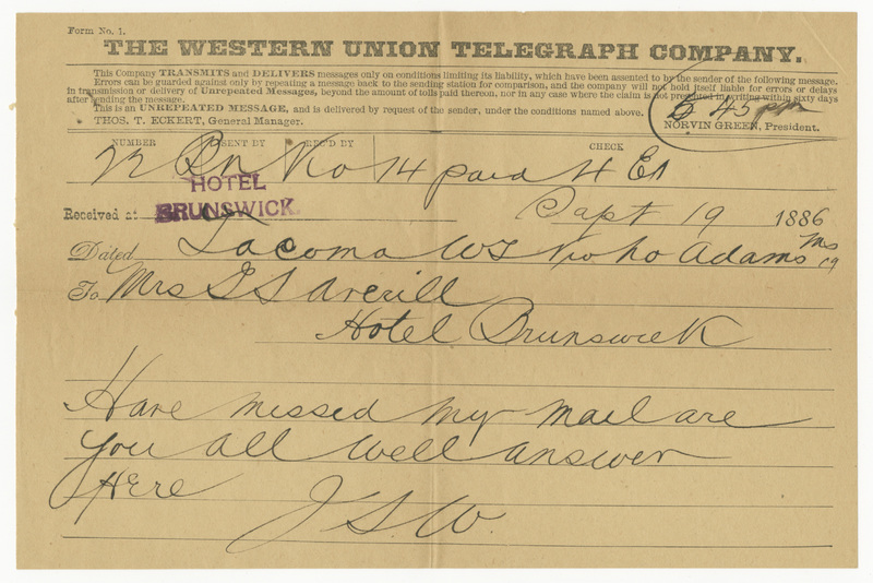 Telegram from James Sibley Watson to Emily Sibley Watson, September 19, 1886<br />
