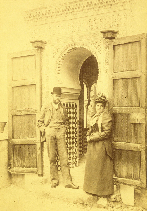 Emily and James Sibley Watson at the entrance to the mosque in the Alhambra, Granada, Spain, June 2, 1891