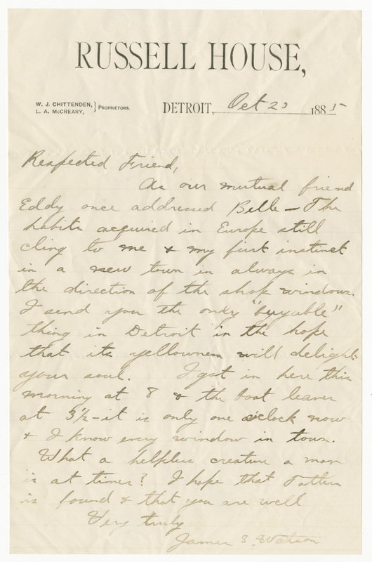 Letter from James Sibley Watson to Emily Sibley Watson, October 20, 1885<br />
