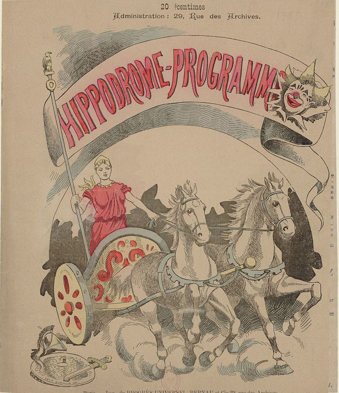 Couverture d'un programme de l'Hippodrome au pont de l'Alma. Il s'agit de Néron pantomime en trois actes sur une musique d’Édouard Lalo, livret de Paul Milliet.