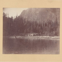 Buildings on lakeshore, possibly in Yellowstone National Park<br />
