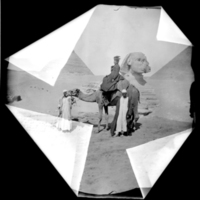Emily Sibley Watson with attendants, seated on a camel in front of the Sphinx and Pyramids, March 1893