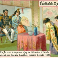 3202. Au Japon, Rèception chez le Mikado Mŭtsŭhito e son épouse Harŭko, mariés depuis  1868 (Liebig Bouillon)