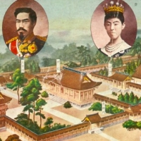 1350. Emperor and Empress Meiji (Mutsuhito and Shōken) against an illustration of Meiji Shrine