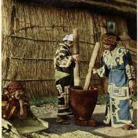 2301. Women of an Ainu village pounding rice in a mortar