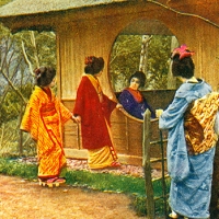 1677. Japanese Maidens Chatting with a Friend in a Resthouse in the Park, Yokohama (No. 641)