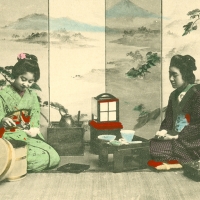 2121. O-koto-san returns home and chats to her maid while partaking of supper