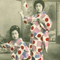 3563. [Young women in kimono with U.S. and Japanese flags design]