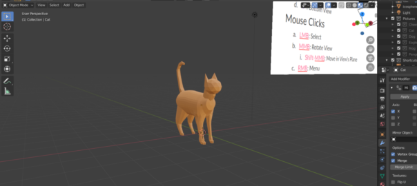 screenshot of the Blender user interface displaying a 3D-modeled cat.